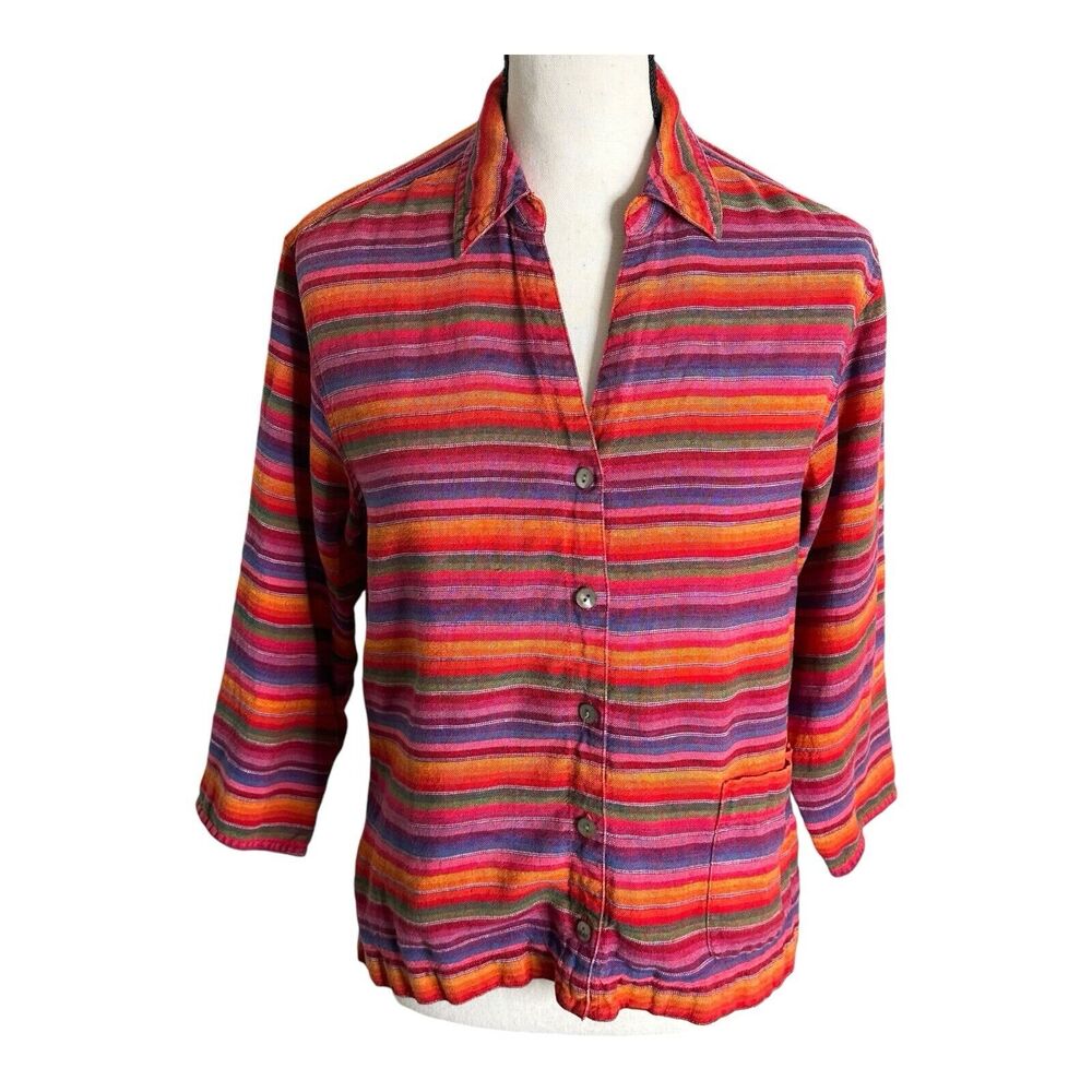 Chicos Linen Jacket Womens 0 XS Striped Red Pink‎ Orange Bold Colors 3/4 Sleeve
